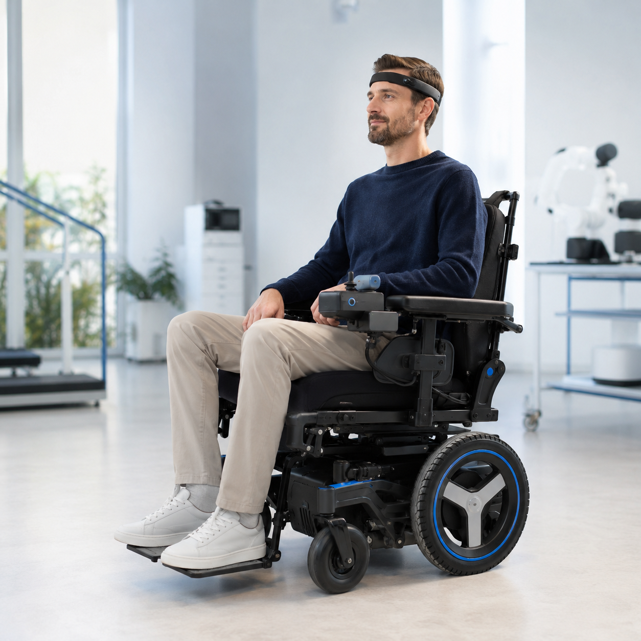 Concept illustration of a person wearing an EEG headband in a powered wheelchair